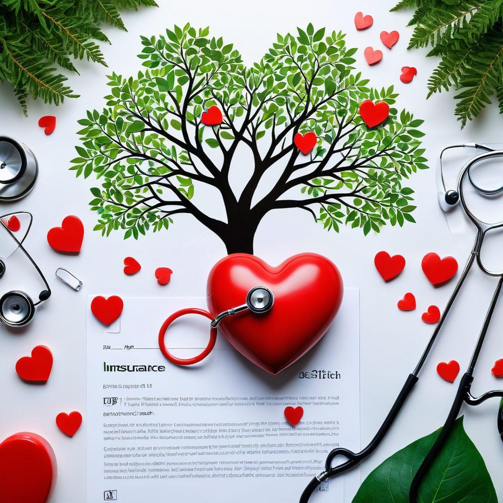 A collage of heart health symbols, featuring a healthy heart, a stethoscope, insurance documents, and a vibrant, flourishing tree symbolizing wellness. The background showcases a blend of medical and financial elements, highlighting the importance of insurance for heart care. Soft pastel colors enhance the soothing feel of the image, creating a sense of security and care. super-realistic. vibrant colors. white background.