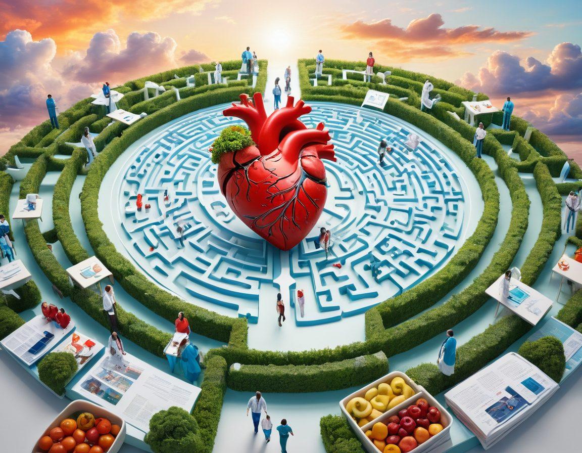 A vibrant scene depicting a heart-shaped maze symbolizing navigating through insurance options, surrounded by various medical icons like stethoscopes, ECGs, and healthy foods. In the foreground, a diverse group of people, including a doctor and patients, discussing their cardiovascular health while looking at policy documents. The background features a bright sky with fluffy clouds, representing hope and health. super-realistic. vibrant colors. white background.