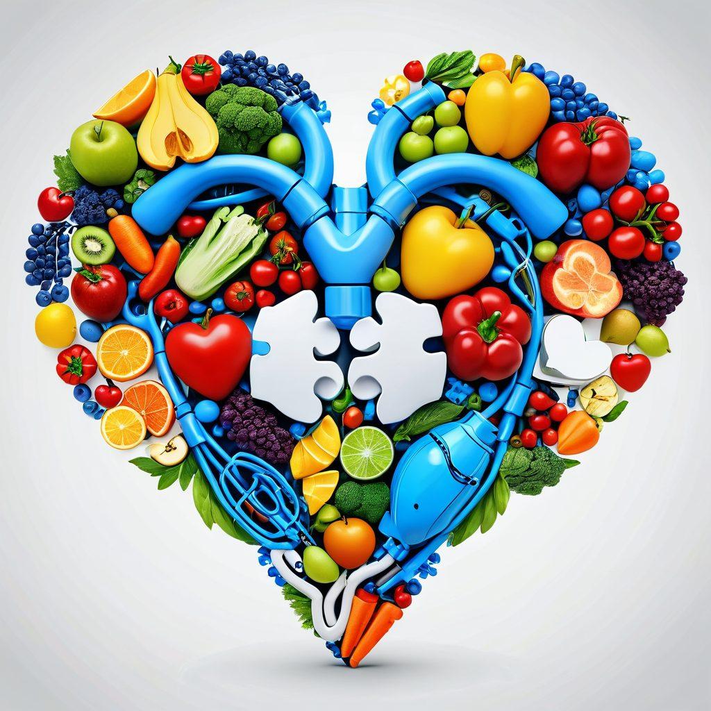 A thoughtful heart made of puzzle pieces, symbolizing the complexity of heart health and insurance options. Surround the heart with various medical symbols and imagery representing prevention, like stethoscopes, healthy foods, and exercise equipment, creating a vibrant and informative landscape. Incorporate a gentle blue palette to evoke a sense of calm and trust. super-realistic. vibrant colors. white background.